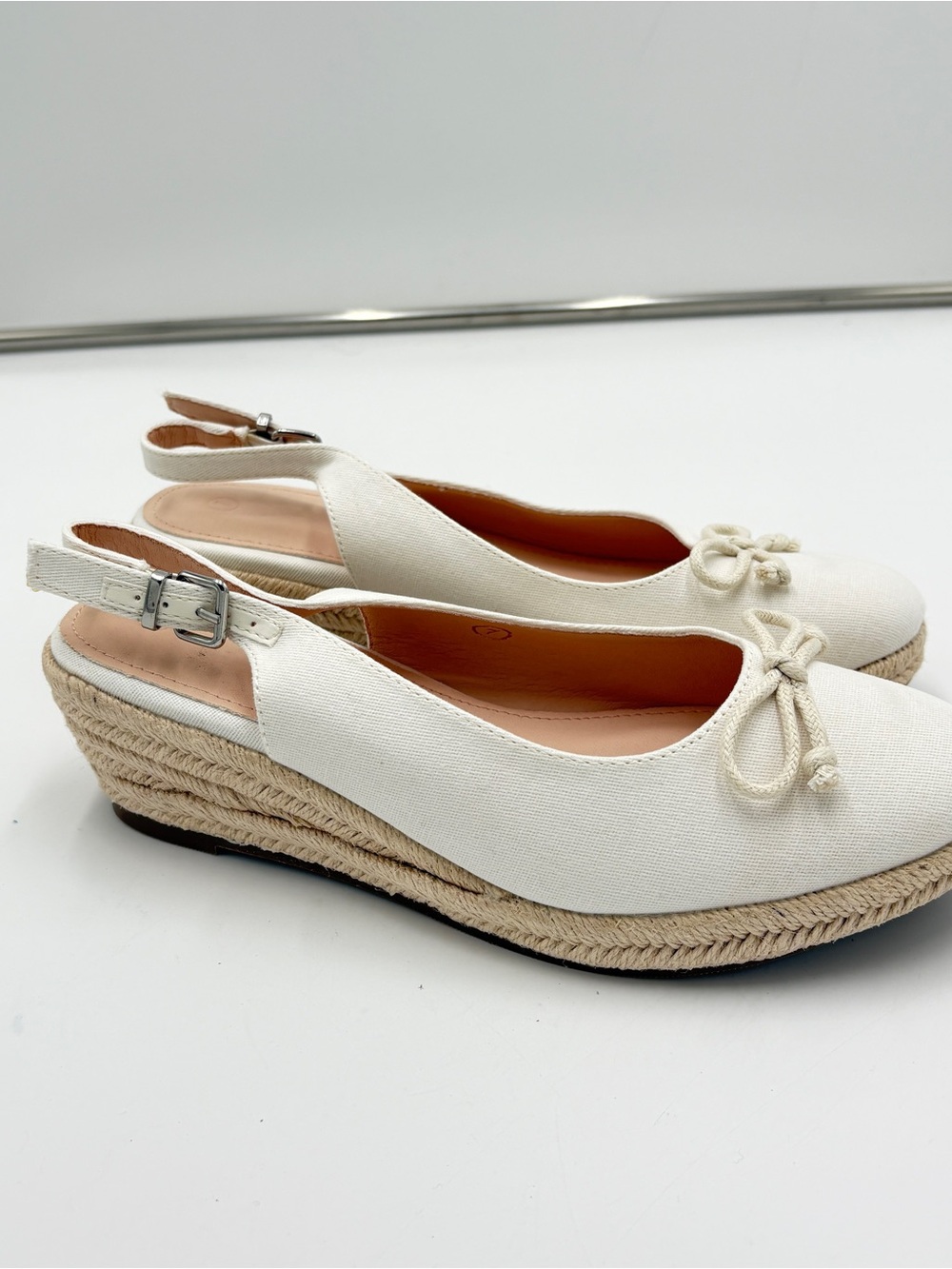 Women’s White Canvas Slingback Wedge Platform Espadrille Bow Shoe Comfort Size 7
